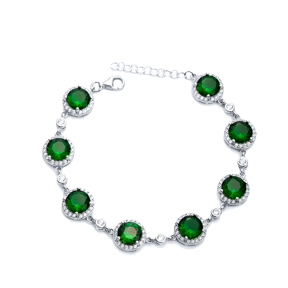 Emerald CZ Stone Round Shape Silver Stony Charm Bracelet