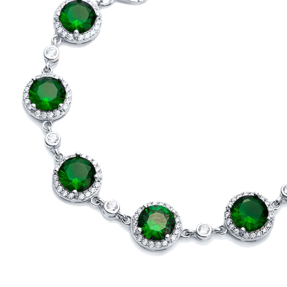 Emerald CZ Stone Round Shape Silver Stony Charm Bracelet