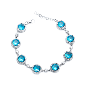 Aquamarine CZ Stone Round Shape Silver Stony Charm Bracelet