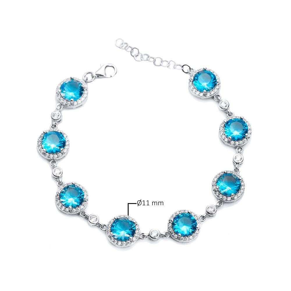 Aquamarine CZ Stone Round Shape Silver Stony Charm Bracelet