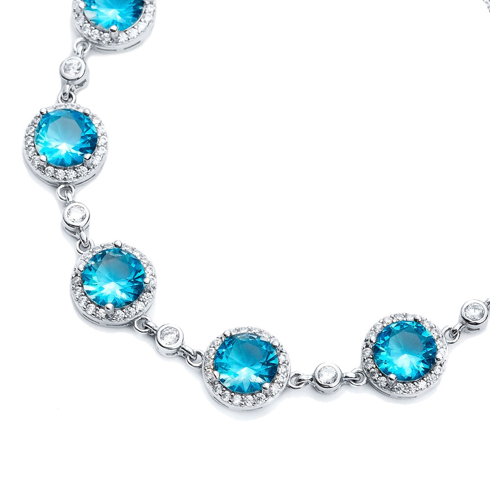 Aquamarine CZ Stone Round Shape Silver Stony Charm Bracelet