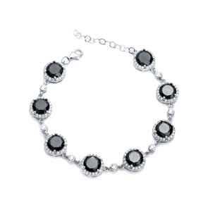 Black CZ Stone Round Shape Silver Stony Charm Bracelet