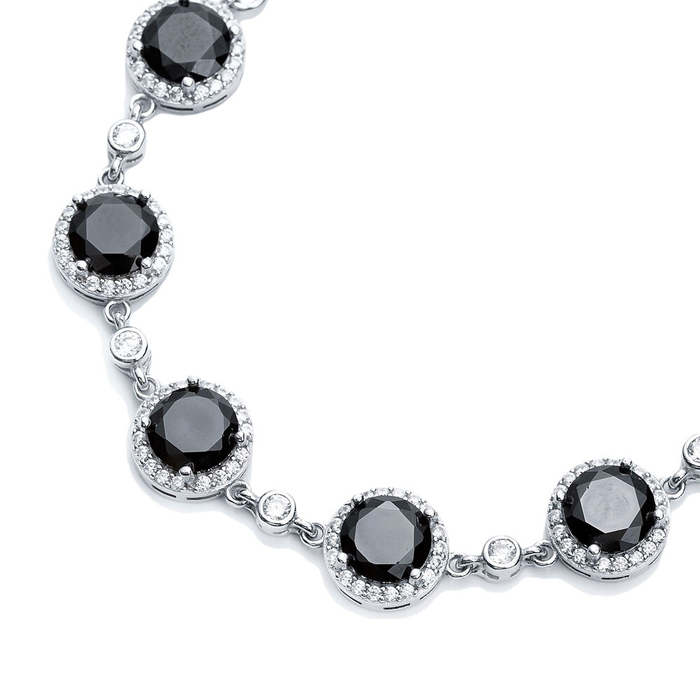 Black CZ Stone Round Shape Silver Stony Charm Bracelet