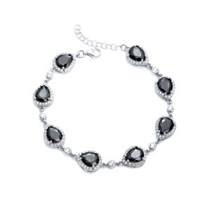 Pear Drop Shape Black CZ Stone Silver Stony Charm Bracelet