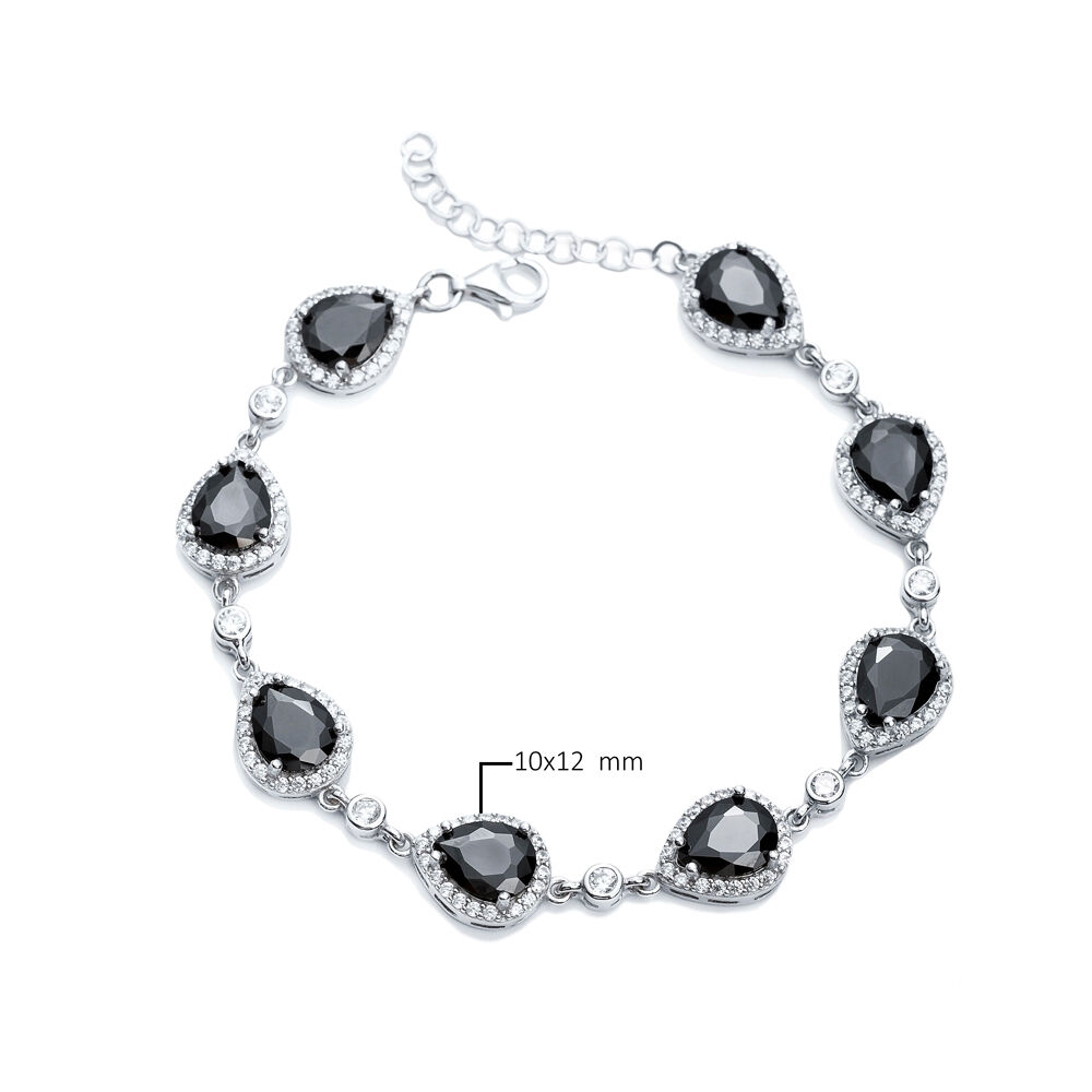 Pear Drop Shape Black CZ Stone Silver Stony Charm Bracelet