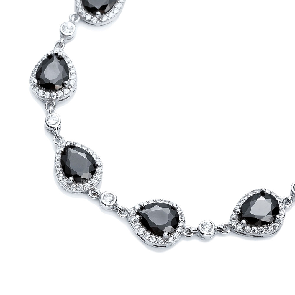 Pear Drop Shape Black CZ Stone Silver Stony Charm Bracelet