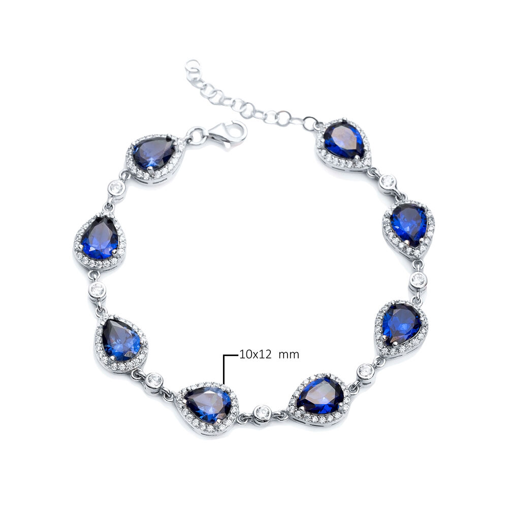 Pear Drop Shape Sapphire CZ Stone Silver Stony Charm Bracelet