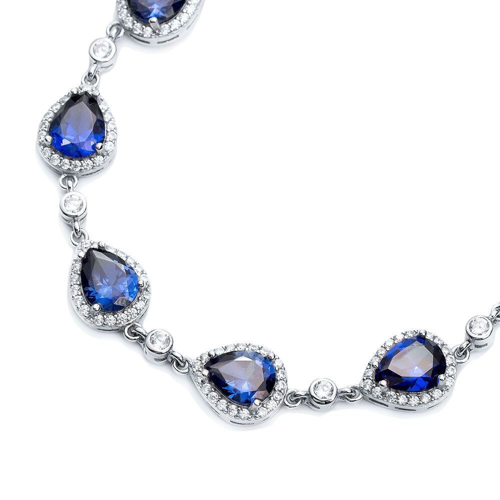 Pear Drop Shape Sapphire CZ Stone Silver Stony Charm Bracelet