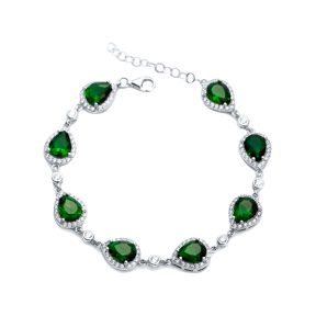 Emerald CZ Pear Drop Shape Silver Stony Charm Bracelet