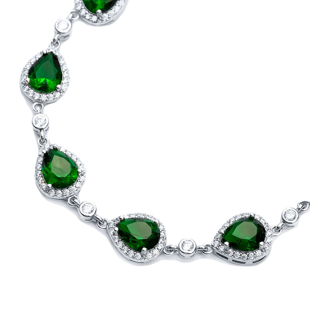 Emerald CZ Pear Drop Shape Silver Stony Charm Bracelet