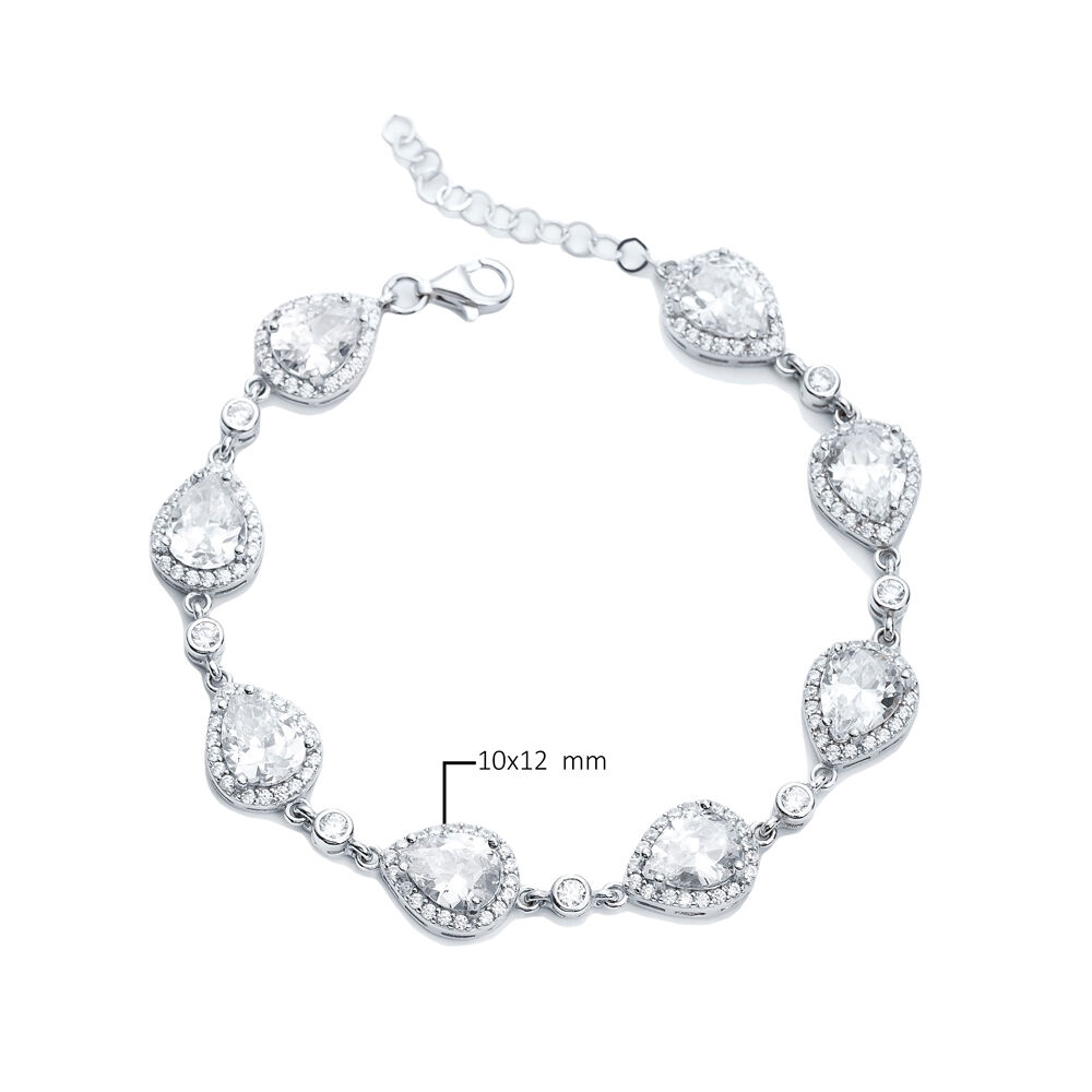 White CZ Pear Drop Shape Silver Stony Charm Bracelet