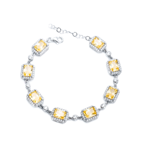 Citrine CZ Square Shape Silver Stony Charm Bracelet