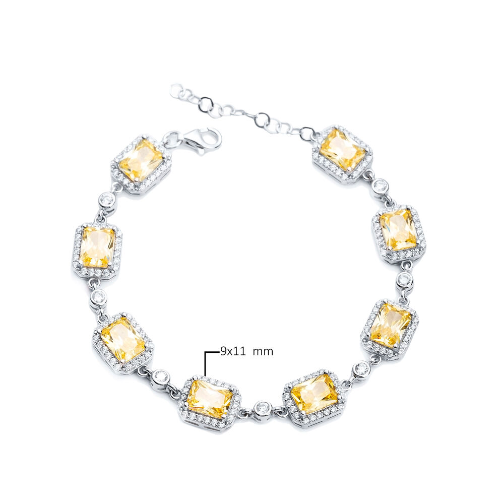 Citrine CZ Square Shape Silver Stony Charm Bracelet