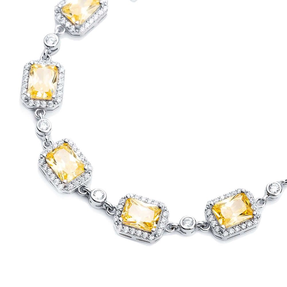 Citrine CZ Square Shape Silver Stony Charm Bracelet