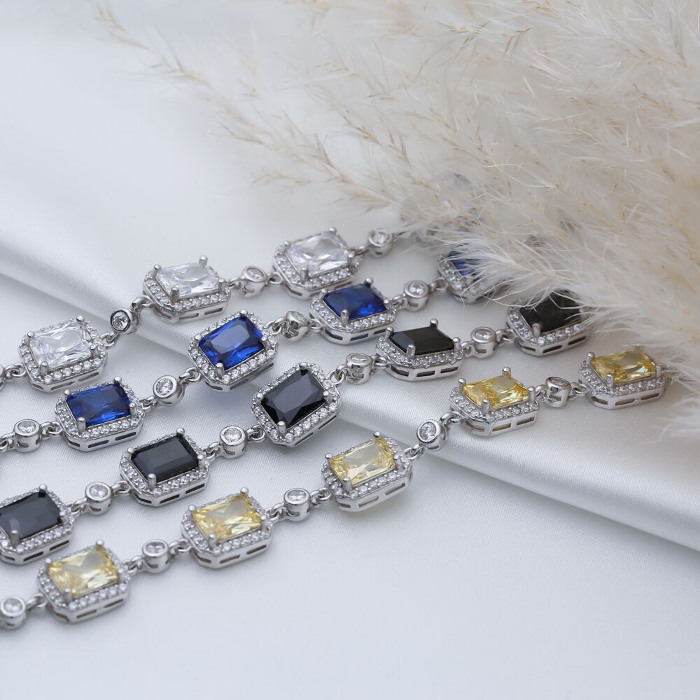 Sapphire CZ Square Shape Silver Stony Charm Bracelet