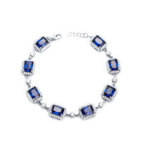 Sapphire CZ Square Shape Silver Stony Charm Bracelet