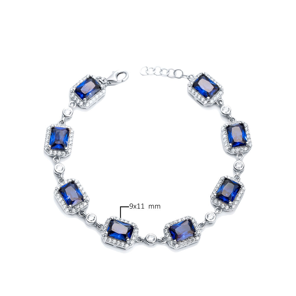 Sapphire CZ Square Shape Silver Stony Charm Bracelet