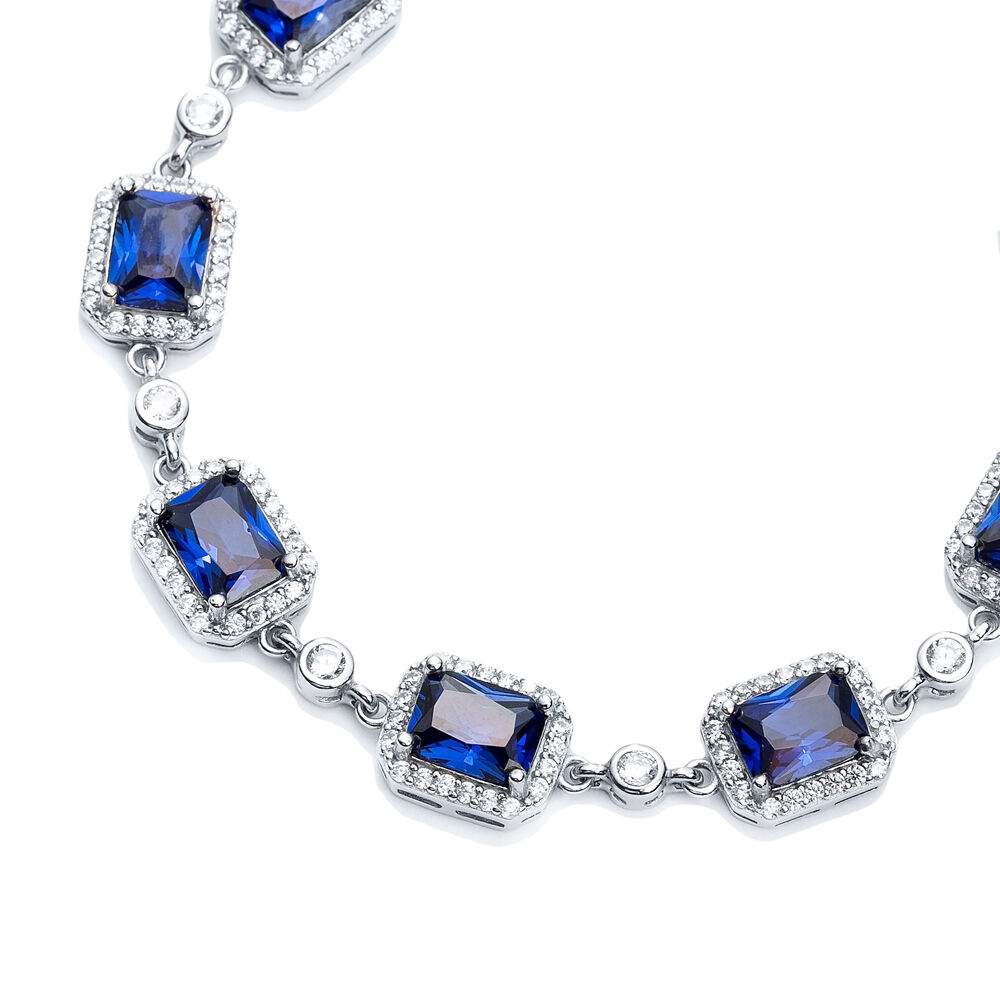 Sapphire CZ Square Shape Silver Stony Charm Bracelet