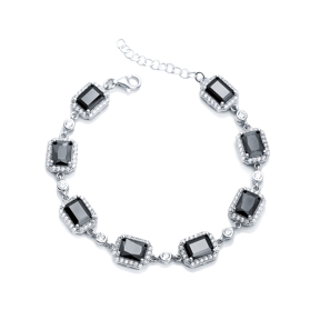 Black CZ Square Shape Silver Stony Charm Bracelet