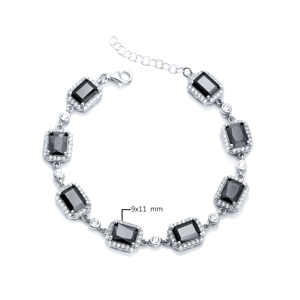 Black CZ Square Shape Silver Stony Charm Bracelet