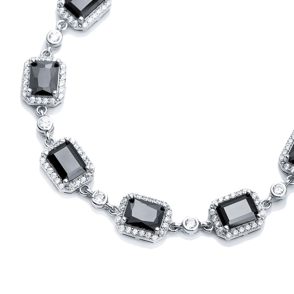 Black CZ Square Shape Silver Stony Charm Bracelet