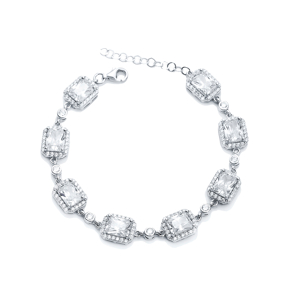 White CZ Square Shape Silver Stony Charm Bracelet