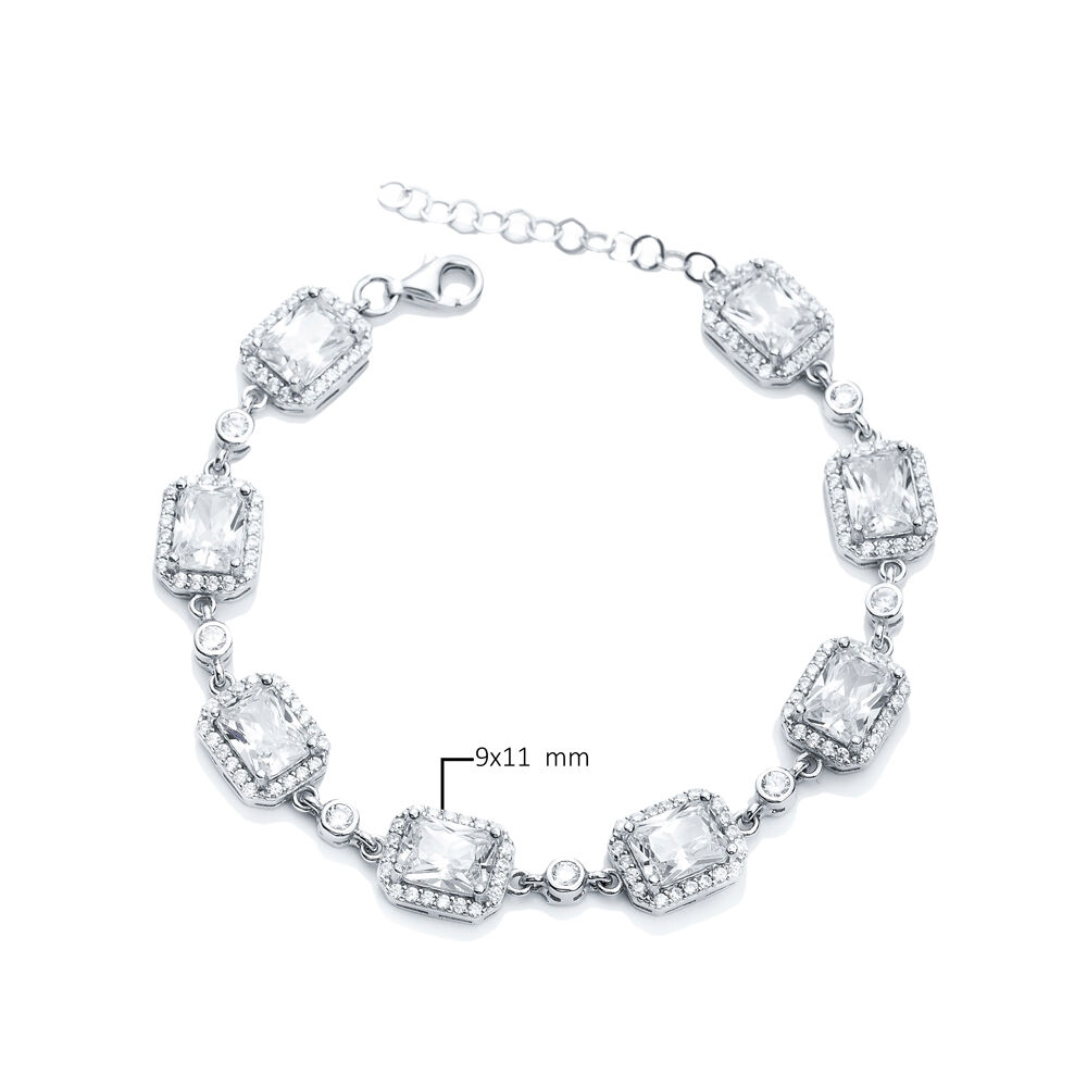 White CZ Square Shape Silver Stony Charm Bracelet