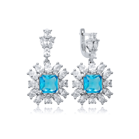 Aquamarine Square CZ Flower Design Wholesale Silver Dangle Earrings