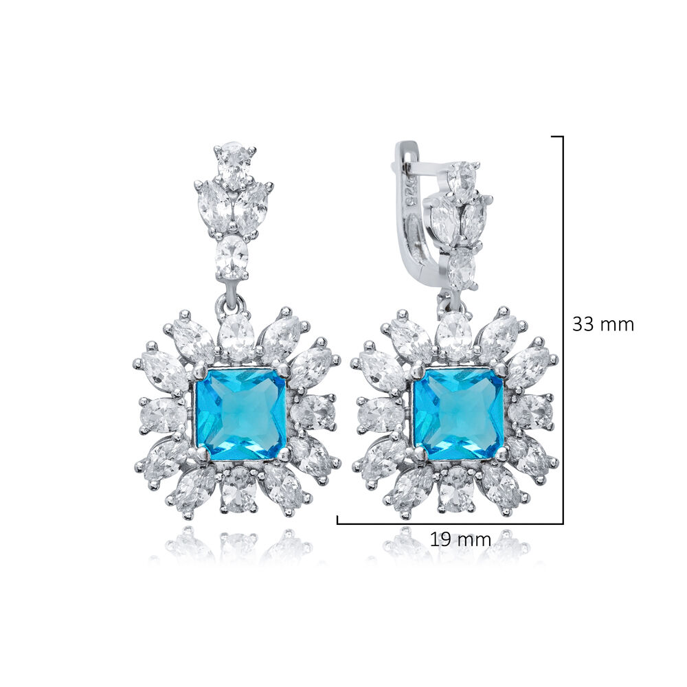 Aquamarine Square CZ Flower Design Wholesale Silver Dangle Earrings