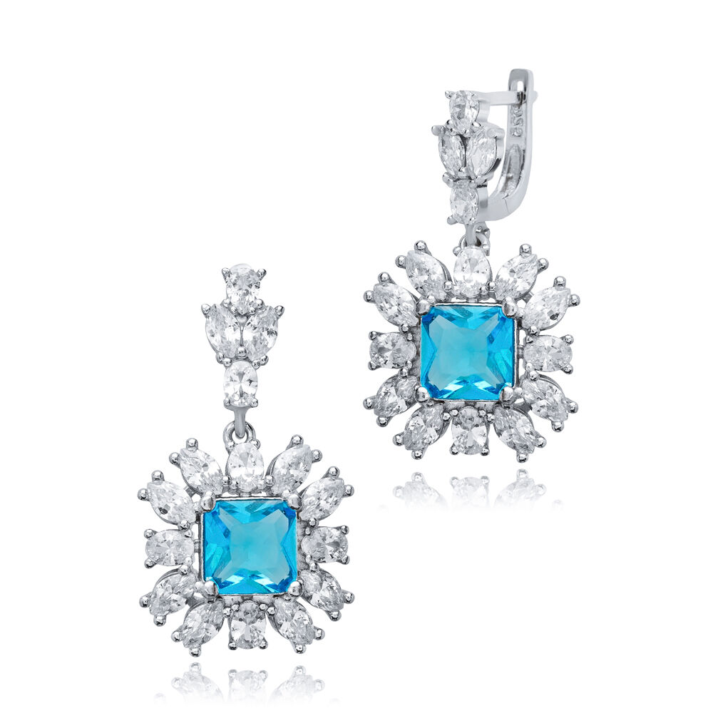 Aquamarine Square CZ Flower Design Wholesale Silver Dangle Earrings