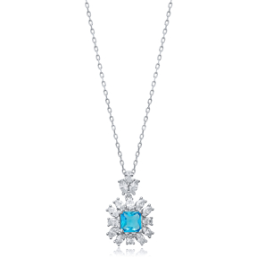 Square Aquamarine CZ Flower Wholesale 925 Silver Charm Necklace