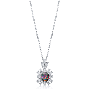 Square Mystic Topaz CZ Flower Wholesale 925 Silver Charm Necklace