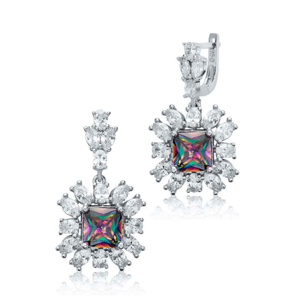 Mystic Topaz Square CZ Flower Design Wholesale Silver Dangle Earrings