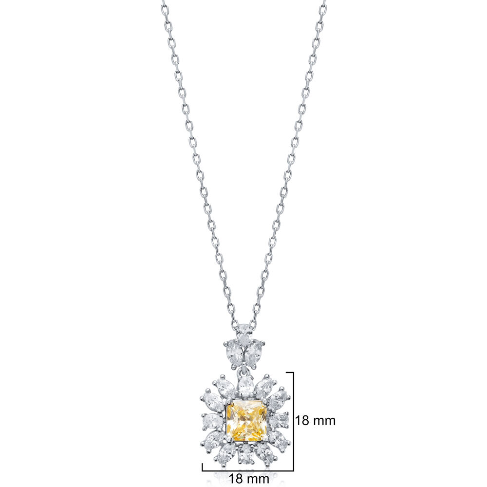 Square Citrine CZ Flower Wholesale 925 Silver Charm Necklace