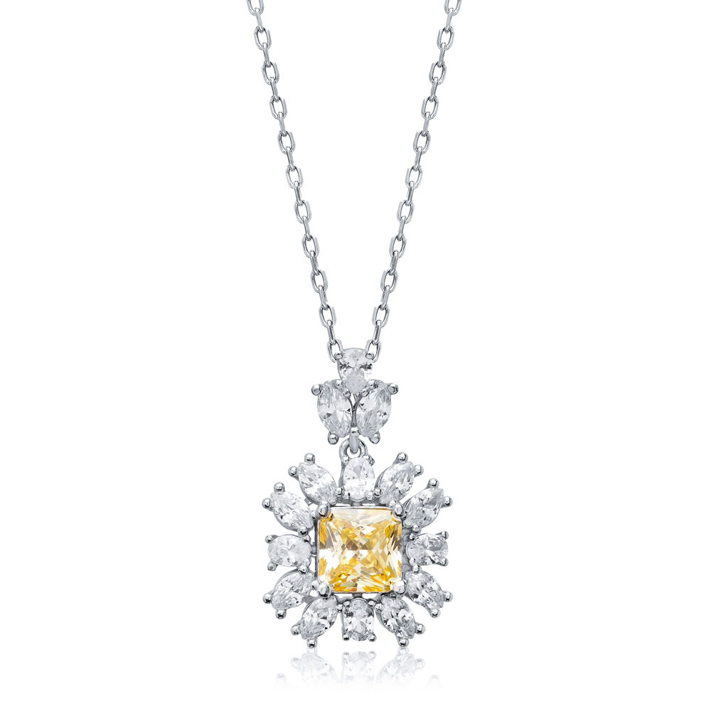 Square Citrine CZ Flower Wholesale 925 Silver Charm Necklace