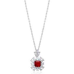 Square Garnet CZ Flower Wholesale 925 Silver Charm Necklace