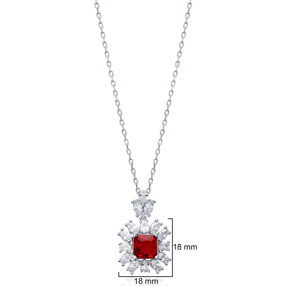 Square Garnet CZ Flower Wholesale 925 Silver Charm Necklace