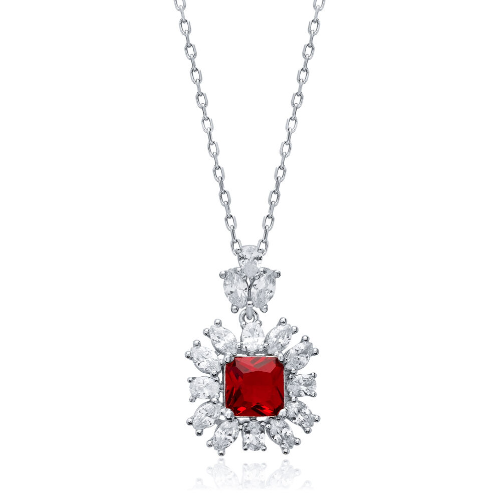 Square Garnet CZ Flower Wholesale 925 Silver Charm Necklace