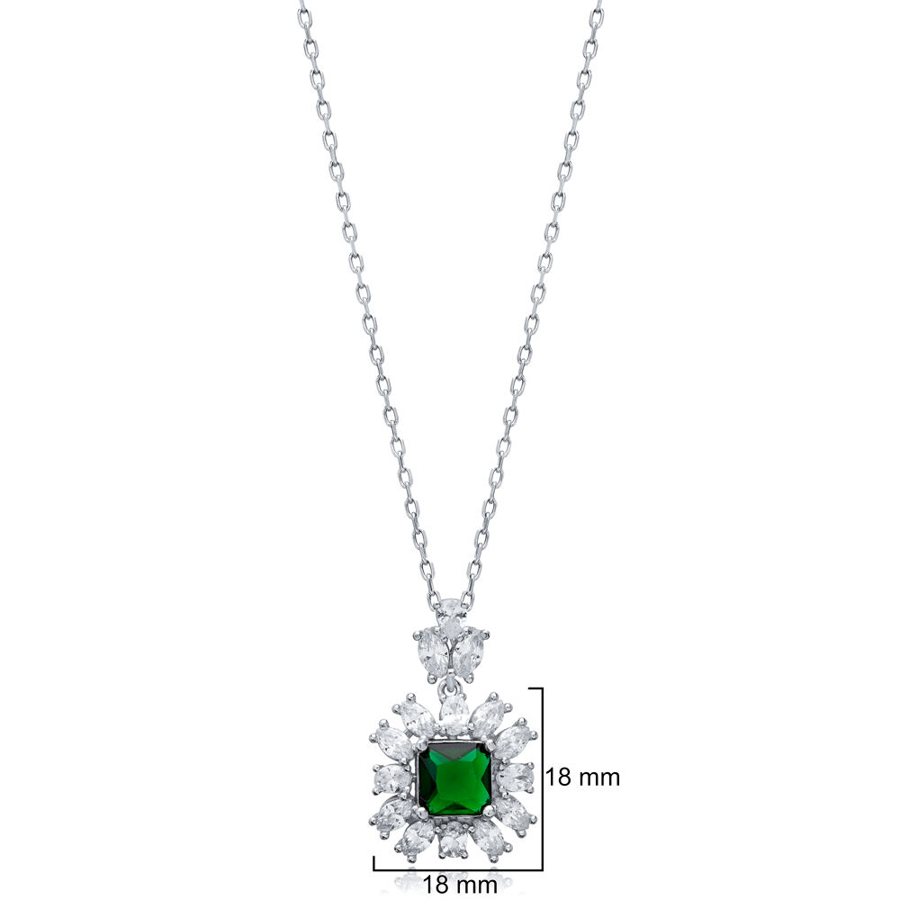 Square Emerald CZ Flower Wholesale 925 Silver Charm Necklace