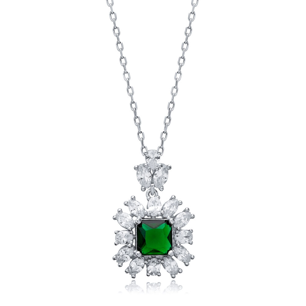 Square Emerald CZ Flower Wholesale 925 Silver Charm Necklace