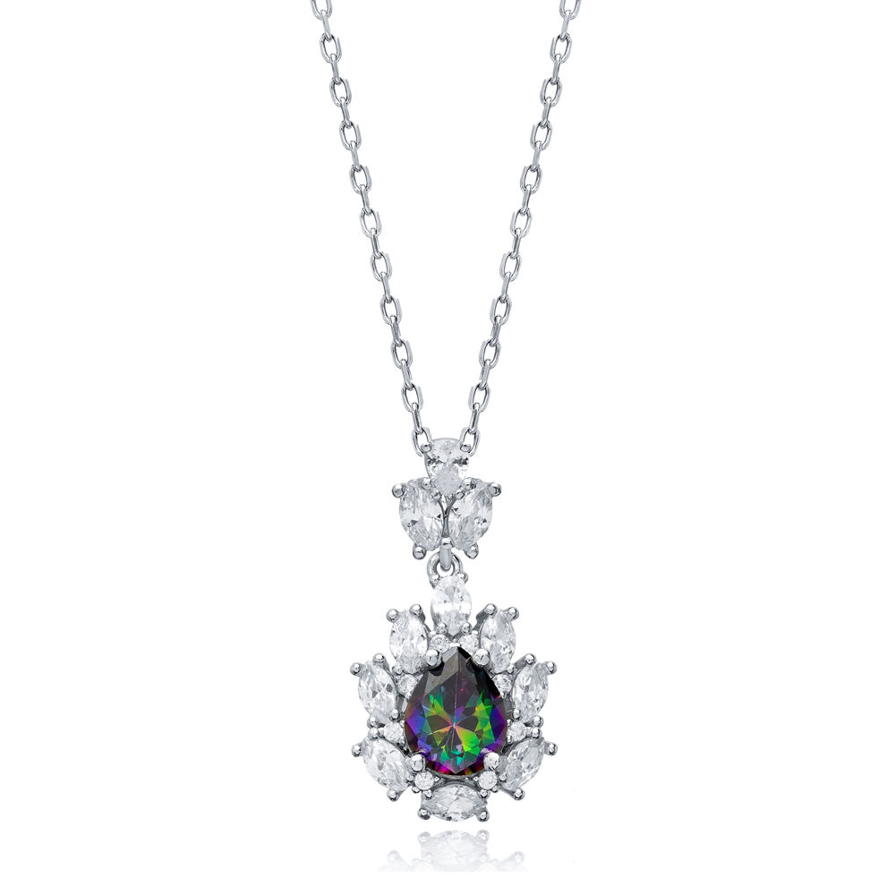 Pear Mystic Topaz CZ Flower Wholesale 925 Silver Charm Necklace