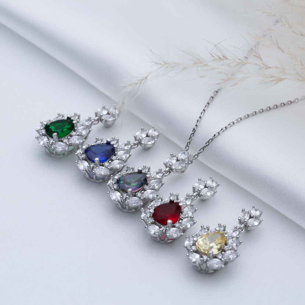 Pear Sapphire CZ Flower Wholesale 925 Silver Charm Necklace