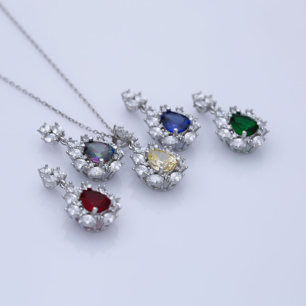 Pear Sapphire CZ Flower Wholesale 925 Silver Charm Necklace