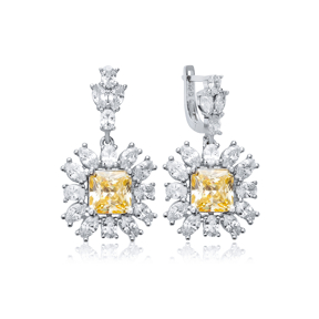 Citrine Square CZ Flower Design Wholesale Silver Dangle Earrings