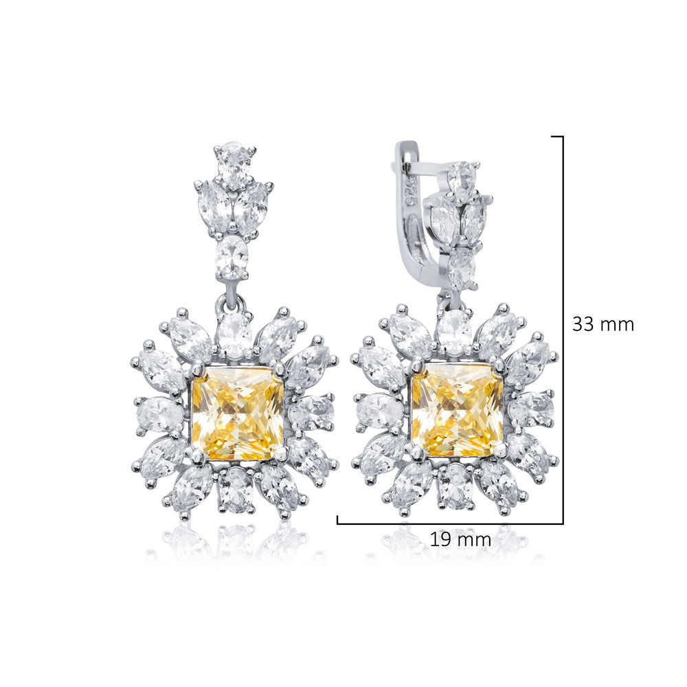 Citrine Square CZ Flower Design Wholesale Silver Dangle Earrings