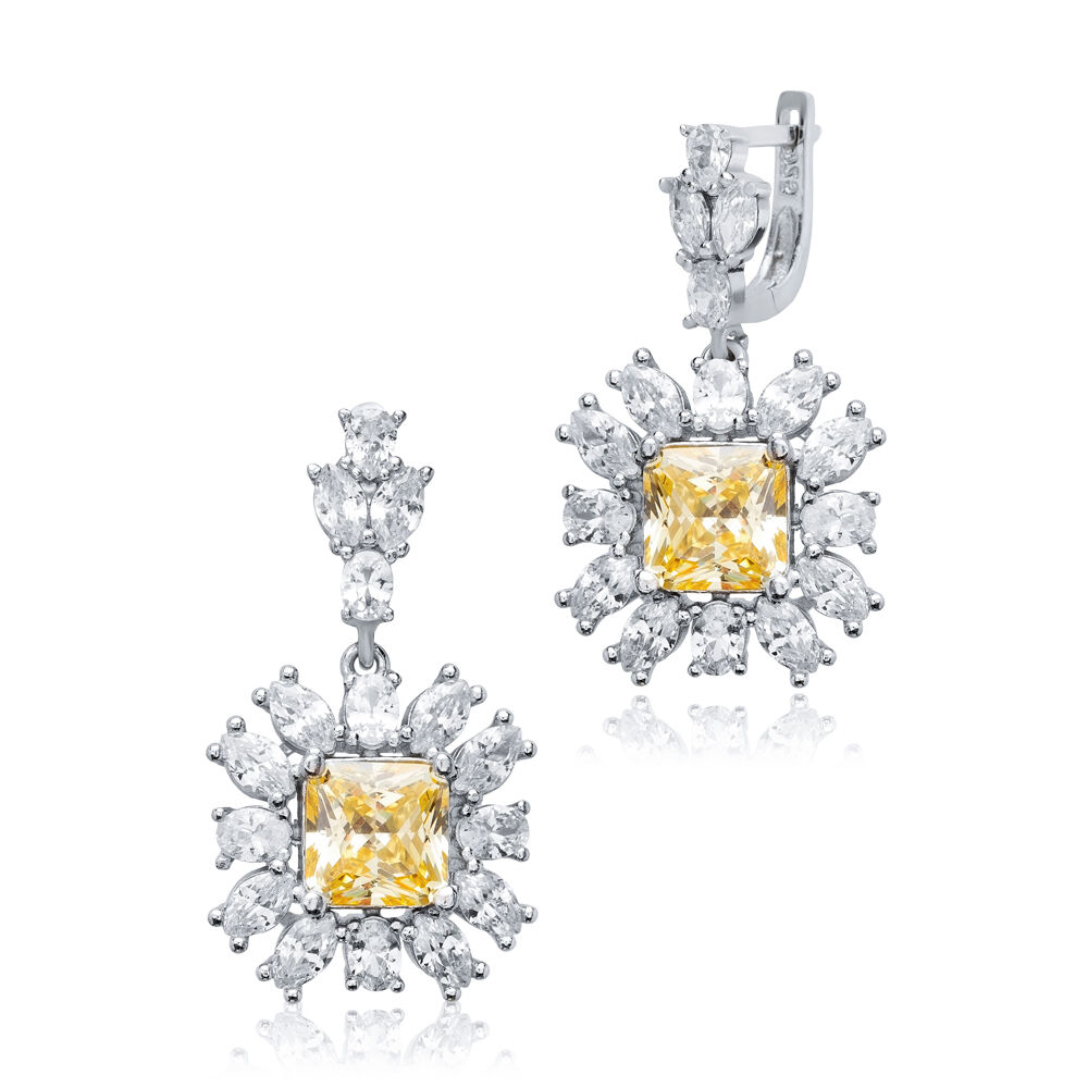 Citrine Square CZ Flower Design Wholesale Silver Dangle Earrings