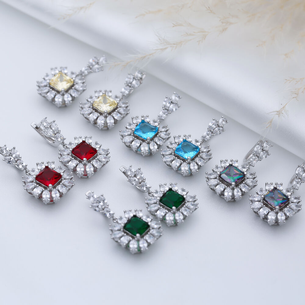 Emerald Square CZ Flower Design Wholesale Silver Cluster Earrings