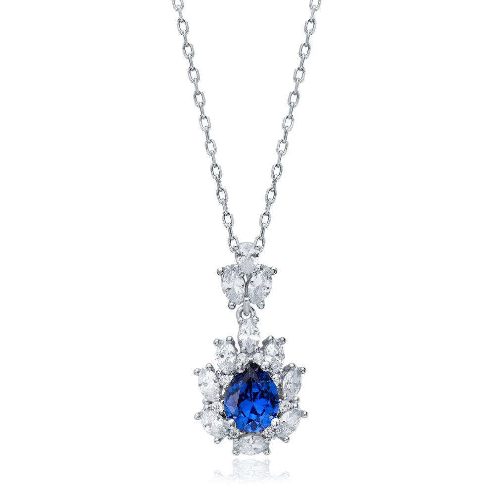 Pear Sapphire CZ Flower Wholesale 925 Silver Charm Necklace