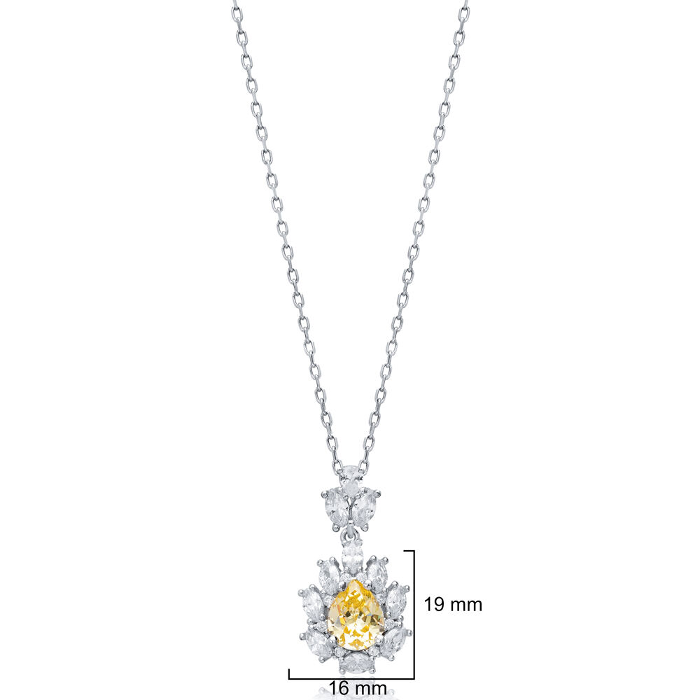 Pear Citrine CZ Flower Wholesale 925 Silver Charm Necklace