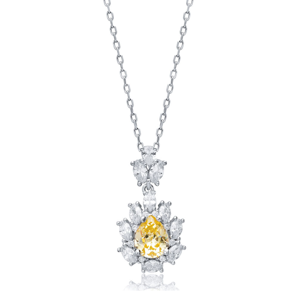 Pear Citrine CZ Flower Wholesale 925 Silver Charm Necklace